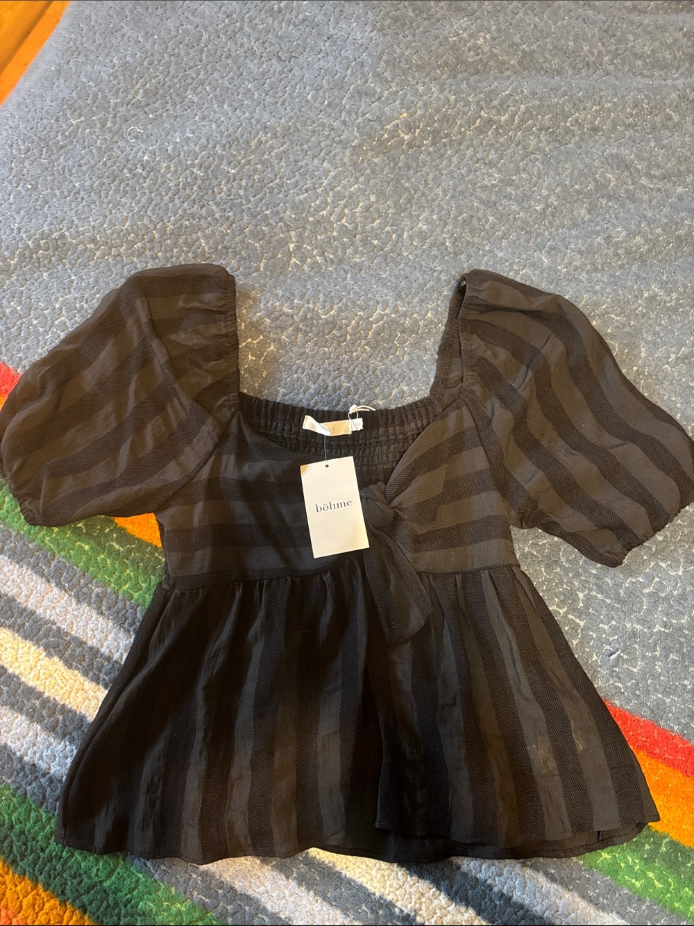 bohme Black Striped Puff-Sleeve Tie-Front Blouse
